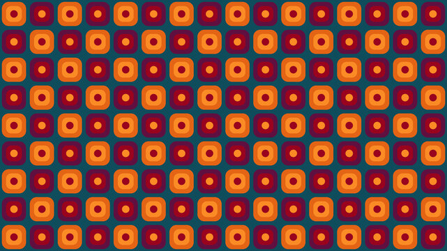 Concentric rounded squares grid pattern background in teal, orange and burgundy, retro vector design