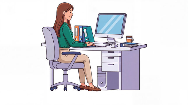 Woman office worker sitting on chair and working at computer on desk with folders and coffee isolated on white background