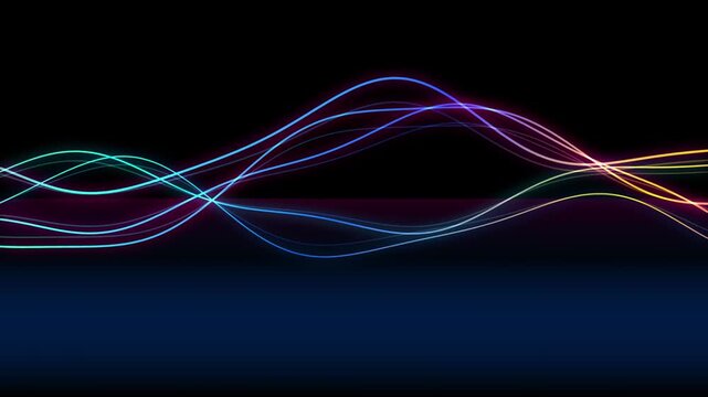 A fluid audio wave spectrum featuring vibrant neon lines of blue, purple, and orange undulating across a dark space background with horizontal symmetry and glowing light paths