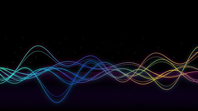 Complex multicolored neon audio waves pulsating and undulating in a continuous spectrum across a dark background, creating an energetic and vibrant visualizer experience