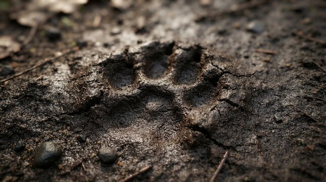 Dog pawprint in wet dirt