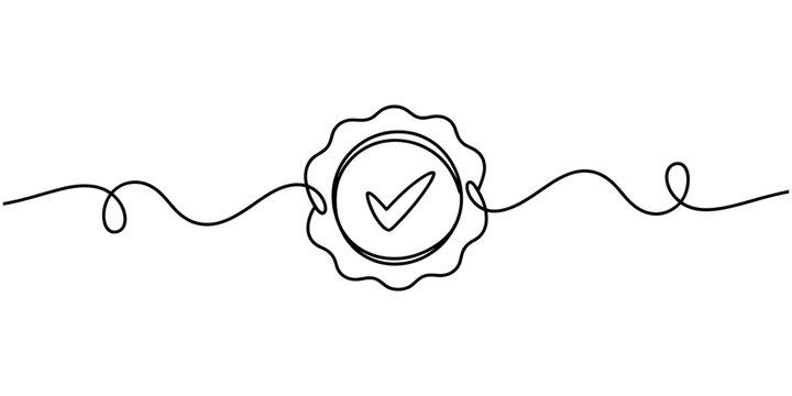 Continuous line drawing of a quality badge with a check mark symbol isolated on a white background Vector, illustration