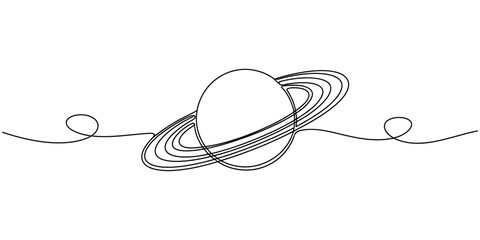 Continuous single line drawing of saturn planet with rings isolated on a white background Vector, illustration © Nano Creator