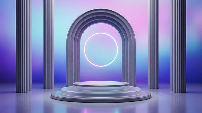 Minimalist Product Display Stage with Neon Arch and Classical Columns