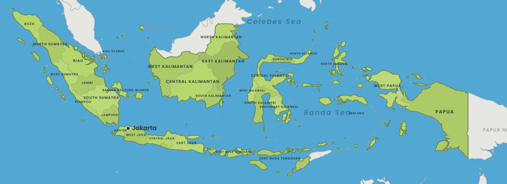 Detailed map of indonesia showing provinces and major islands with labels, highlighting the geographical layout of the southeast asian archipelago nation