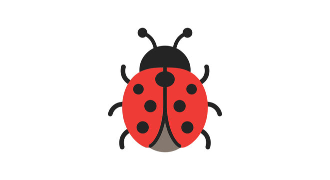 A flat vector illustration depicts a red ladybug with black spots on a white background