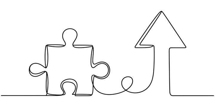 Continuous one line drawing of a jigsaw puzzle piece connecting to an upward arrow representing business growth and success isolated on a white background Vector, illustration