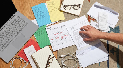 Obraz premium Overhead View of Home Office Paper Chaos Highlighting Mental Overload