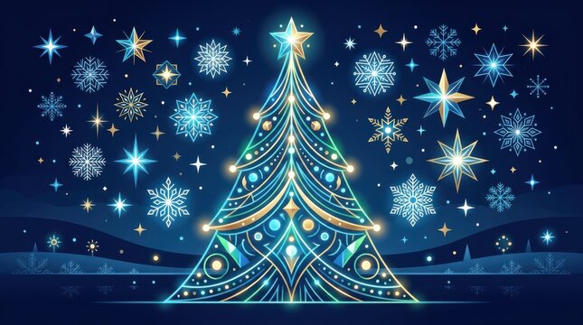 stylized glowing blue christmas tree design with sparkling star and intricate snowflake patterns bac