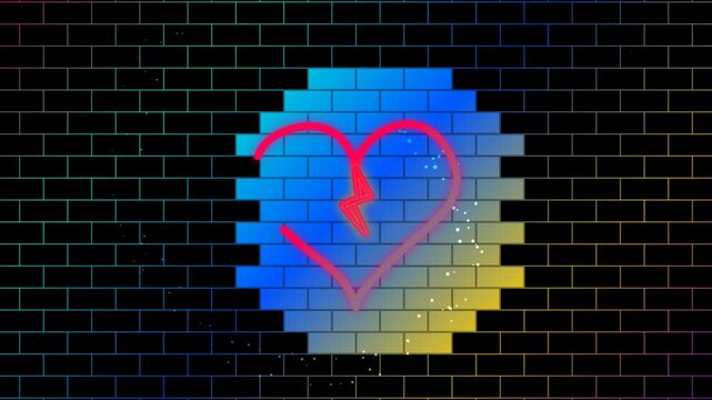 A glowing pink and red neon heart symbol with an electric lightning bolt emblem centered over a colorful brick wall pattern background in a looping motion graphic animation