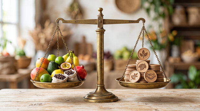 Fruits balanced on brass scale, fair trade concept rustic table