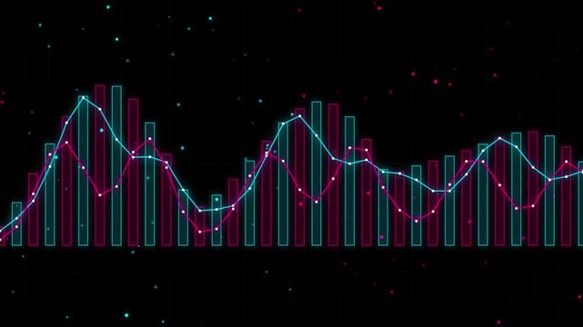 Financial graph and audio equalizer wave loop. Glowing chart lines