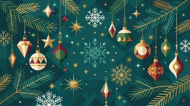 Festive dark green christmas background with hanging gold baubles and white snowflakes holiday patte