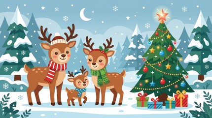 Fototapeta premium Cute reindeer family with Christmas tree and gifts in snowy winter forest night scene reindeer chris