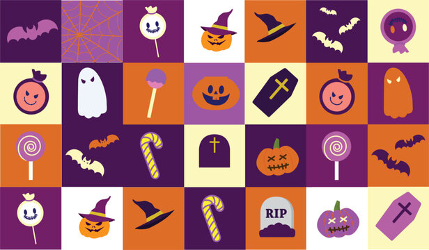 Cute Halloween Icon Set with Pumpkin Ghost Bat and Candy Vector Illustration. 

