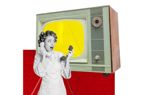 Exclusive art banner collage of shocked housemaid hold telephone handset old-fashioned television broadcast call center operator