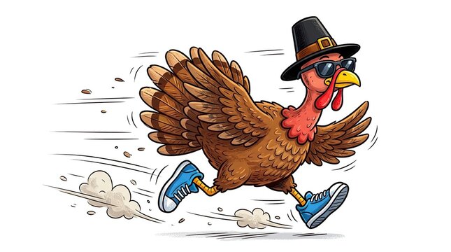 A whimsical illustration of a turkey wearing a top hat and running perfect for thanksgiving celebrations