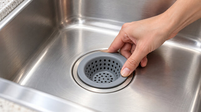 Mano instalando colador siliconado dentro del desag&uuml;e dom&eacute;stico