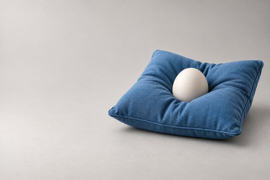 White egg rests in the center of a blue cushion. Space for text.