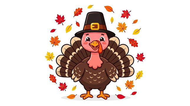 A charming illustration of a cartoon turkey wearing a pilgrim hat surrounded by colorful autumn leaves