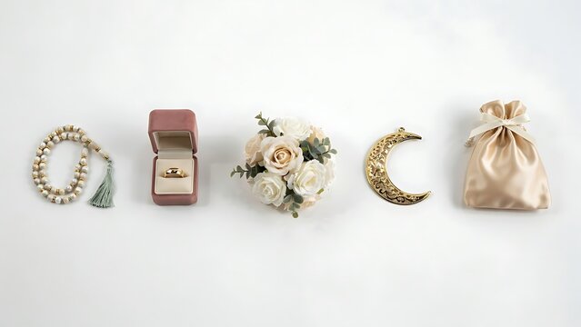 An elegant flat lay arrangement featuring gold wedding rings in a suede box, pearl jewelry, decorative flowers, a moon ornament, and a satin drawstring bag on a white background.