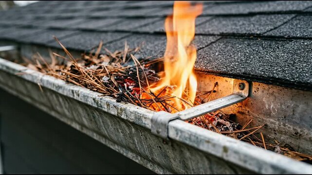 Roof gutter trapping burning pine needles beside metal brackets on a shingled rooftop in close-up