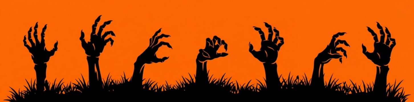 Rising from the grave, a group of spooky skeletal hands emerge from the earth, creating a chilling and eerie scene perfect for Halloween festivities.