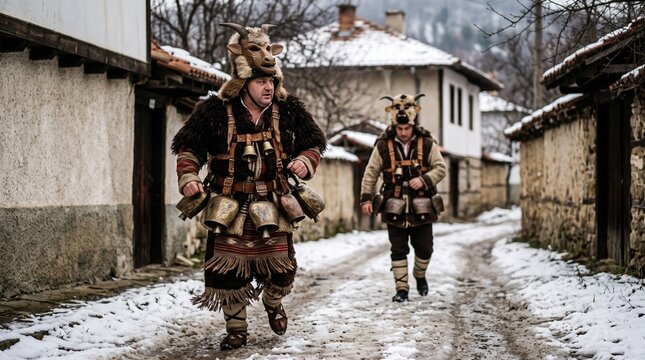 Kukeri performers arrive along a snowy Bulgarian village lane