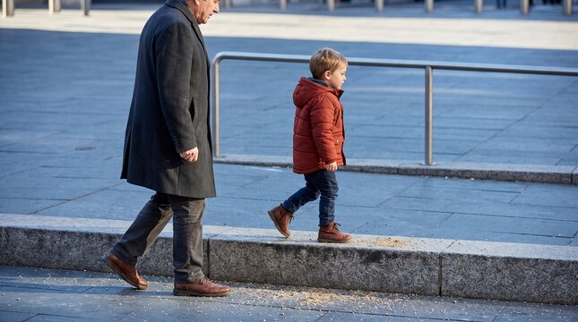 Older adult and child take measured curb steps