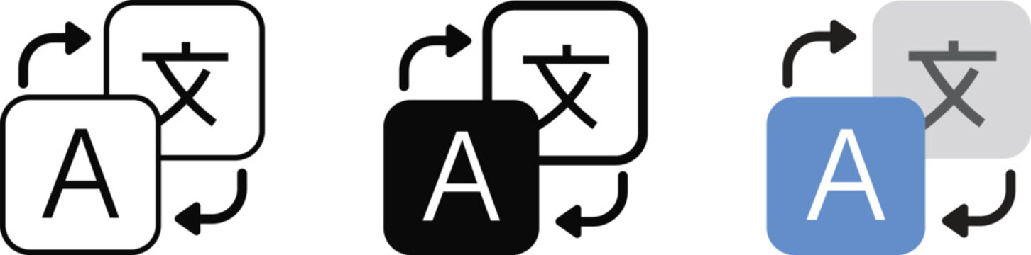 Language translation icon set for UI app design. Collection of translate symbols with letter A and Chinese character in outline and filled style. Vector illustration isolated on transparent background