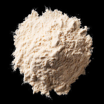 Protein or casein powder isolated on black background with clipping path, concept of dairy food freshness