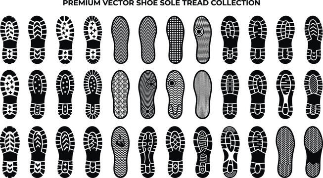 Collection of black shoe sole tread patterns on white background