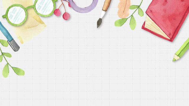 Tearcher's Day Background Video 4k with Animated Hand Drawn lasses Book Paintbrush and School Supplies on Grid Paper