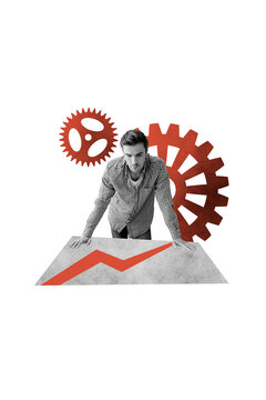 Vertical photo collage of puzzled businessman thunk plan gearwheel graph decline recession problem isolated on painted background