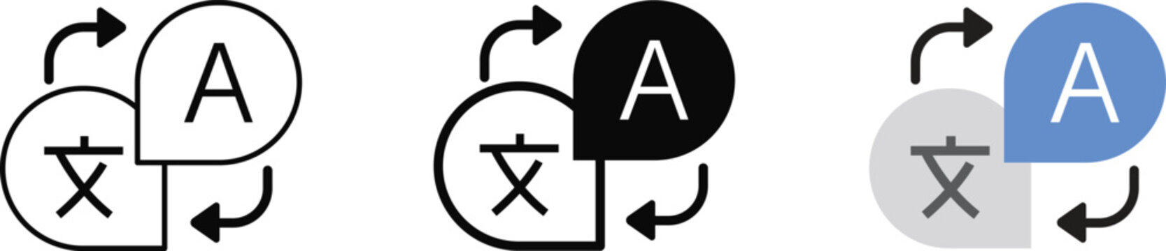 Language translation icon set for UI app design. Collection of translate symbols with letter A and Chinese character in outline and filled style. Vector illustration isolated on transparent background