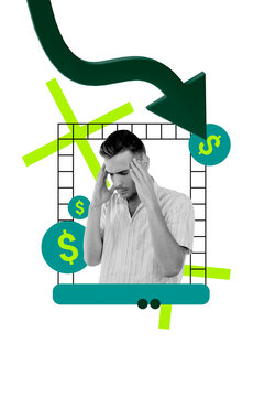 Vertical photo collage of upset businessman hold head dollar arrow decline problem regress inflation isolated on painted background