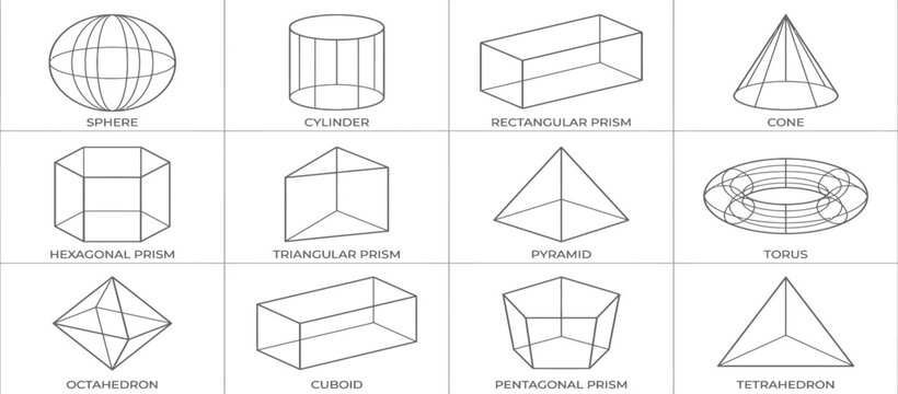 Set of geometric 3D wireframe shapes and mathematical figures vector illustration with geometry