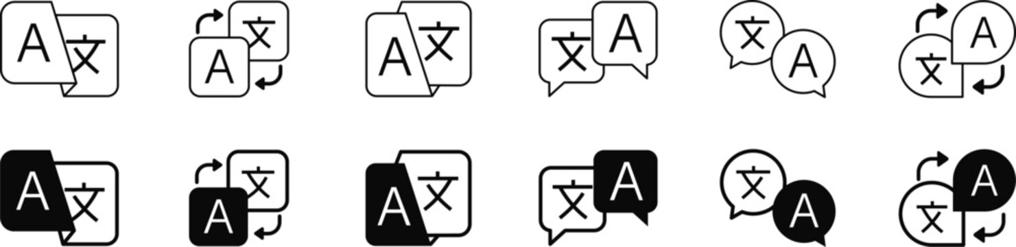 Language translation icon set for UI app design. Collection of translate symbols with letter A and Chinese character in outline and filled style. Vector illustration isolated on transparent background