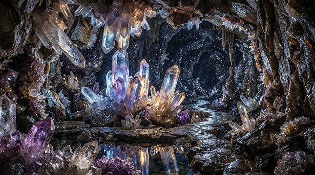 Glowing amethyst crystal cavern featuring brilliant quartz formations inside a dark mysterious magical underground stone grotto