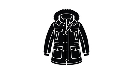 Winter parka with fur lined hood is depicted as a black silhouette © Ambiya