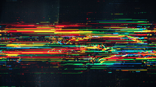 Abstract colorful digital glitch art with RGB distortion and data error lines on black

