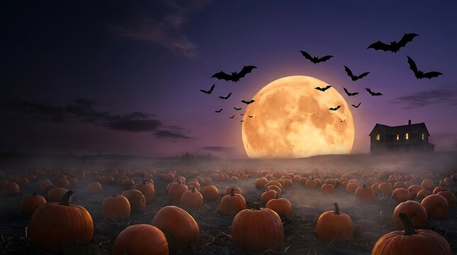 Spooky pumpkin patch landscape featuring a giant glowing full moon and flying bats against a dark purple twilight sky with a haunted house in background