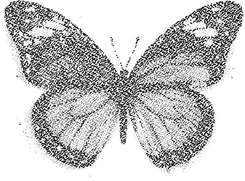 Halftone stipple dotted retro grunge transparent butterfly with geometric symmetrical design