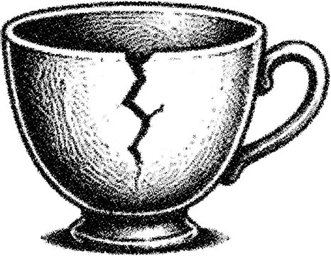 Halftone stipple dotted retro grunge transparent cracked cup with transparent background