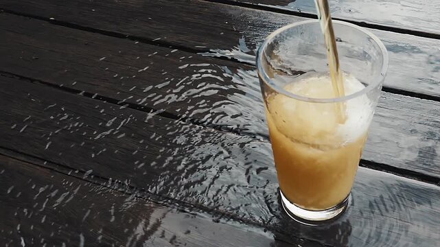Pouring Cold Beer into Glass with Ice on Wet Wooden Table