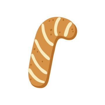 Gingerbread Christmas cookie. Xmas candy cane shape biscuit decorated with icing pattern, isolated on white. Christmas baking and holiday designs. Flat vector illustration, hand drawn.