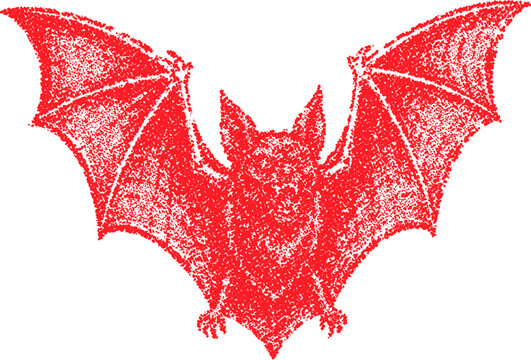 Halftone stipple red bat in grunge transparent dotted retro style