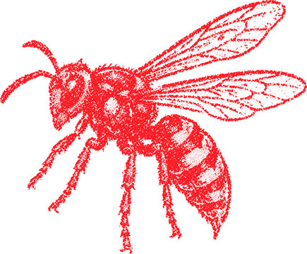 Halftone stipple red bee in retro grunge transparent style with dotted graphic elements