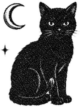 Halftone stipple retro grunge transparent black cat in dotted trendy style