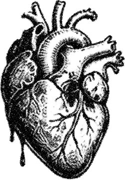 Halftone stipple retro grunge transparent heart tattoo with dotted outline for trendy digital nostalgia